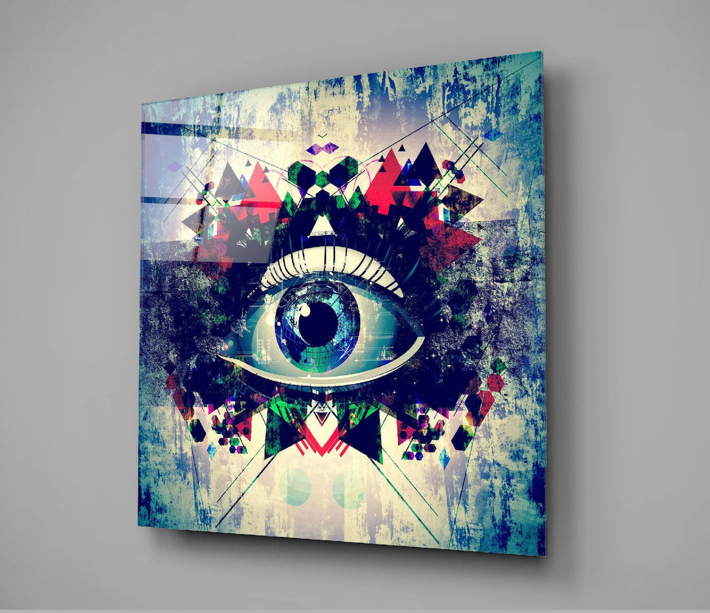 Geometric Triangles Blue Eye Glass Wall Art