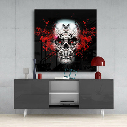 Red Splatter Ornate Skull Glass Wall Art