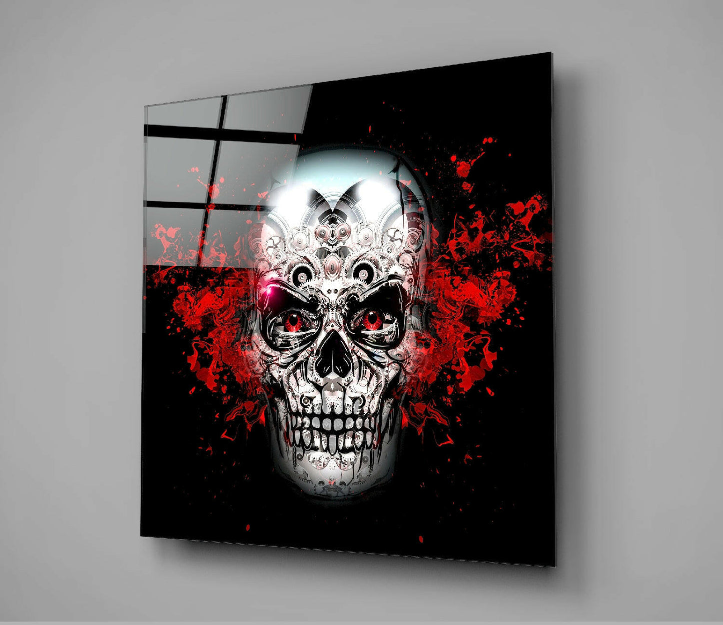 Red Splatter Ornate Skull Glass Wall Art