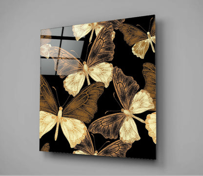 Golden Butterflies Black Backdrop Glass Wall Art