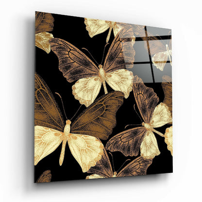 Golden Butterflies Black Backdrop Glass Wall Art