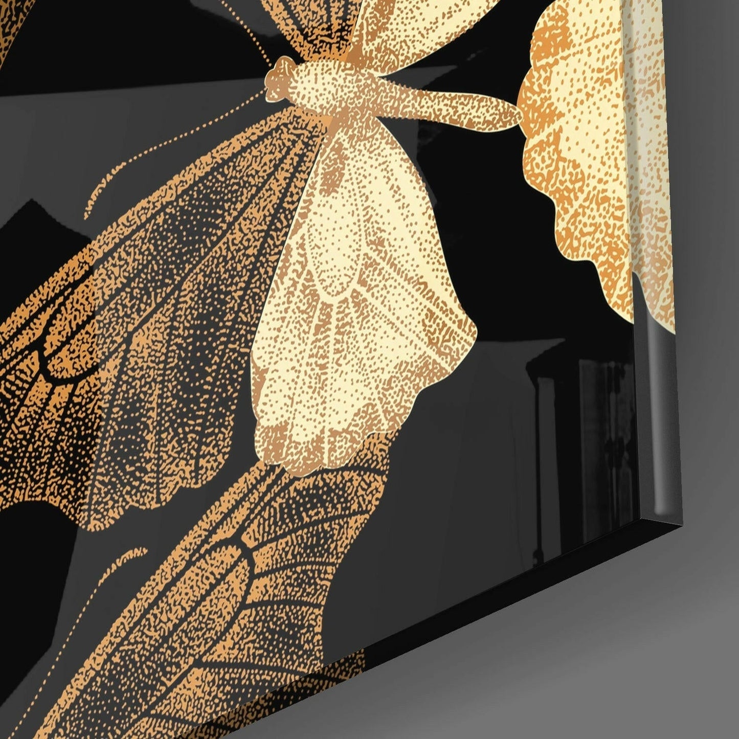 Golden Butterflies Black Backdrop Glass Wall Art