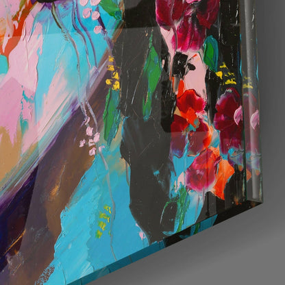 Turquoise Blossom Palette Knife Woman Glass Wall Art