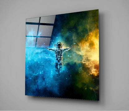Astronaut Blue Gold Nebula Glass Wall Art