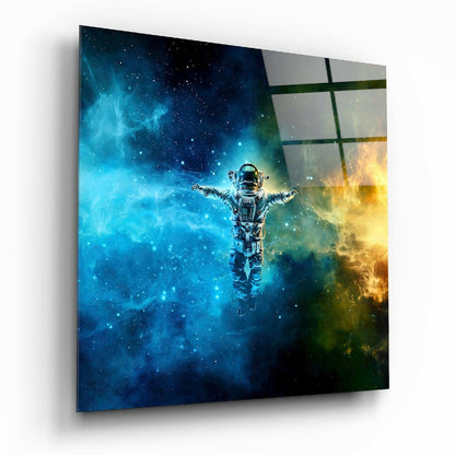 Astronaut Blue Gold Nebula Glass Wall Art