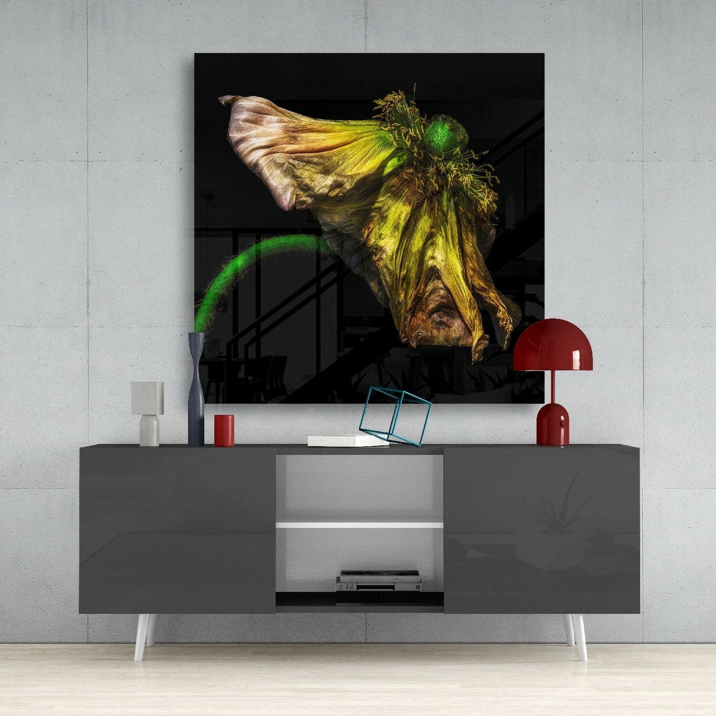 Withered Green Poppy Glass Wall Art