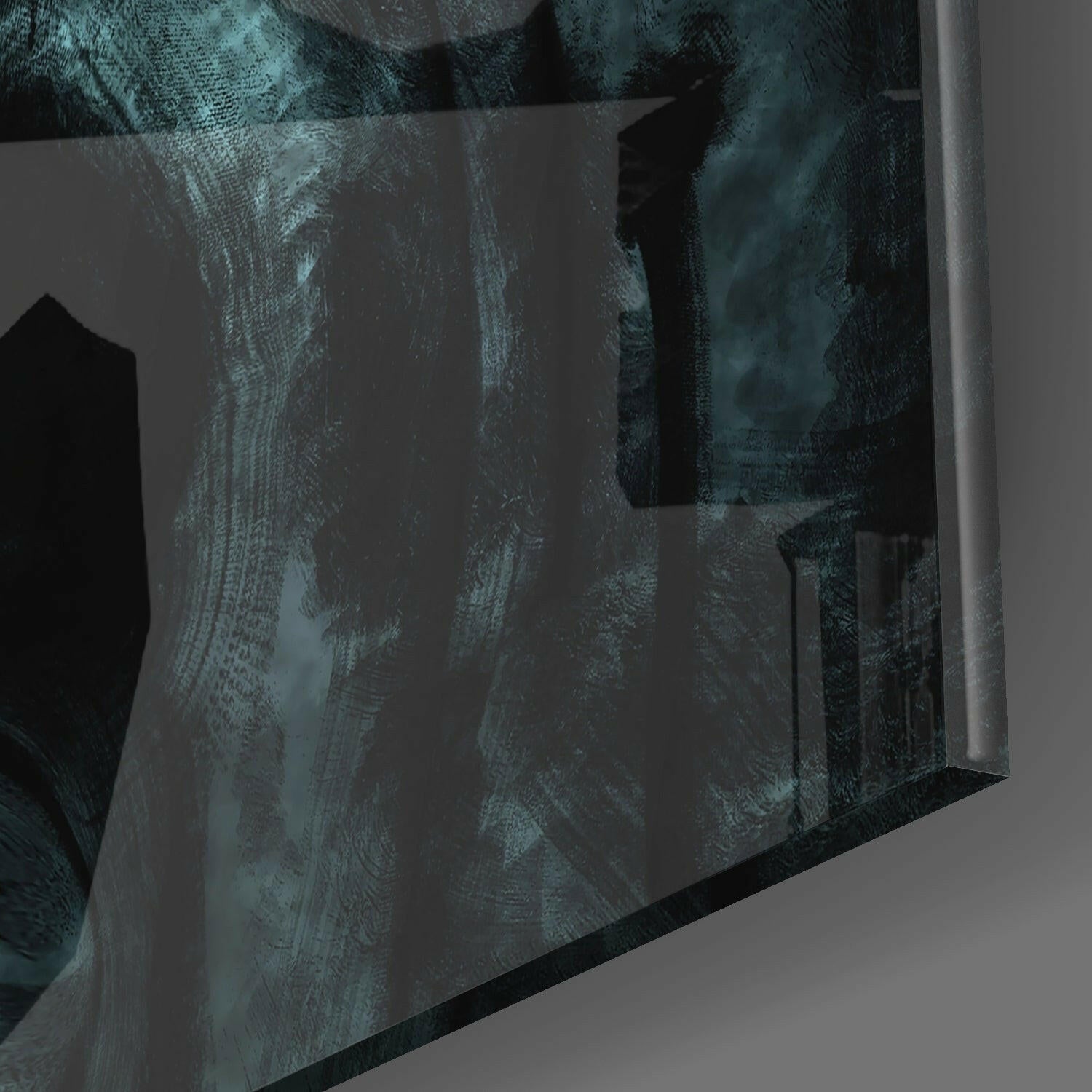 Close-up detail view of textured teal and dark grey horror glass wall art panel showing surface brushstroke patterns and dimensional edge.