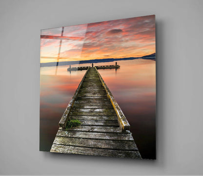 Fiery Red Sunset Weathered Dock Glass Wall Art