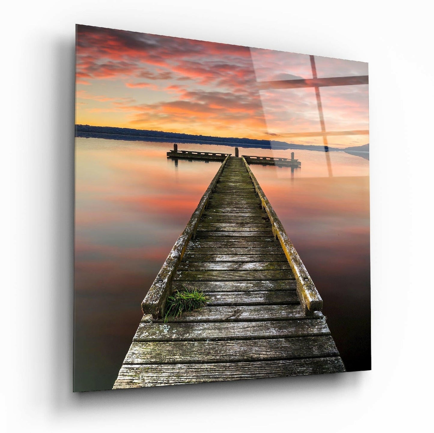 Fiery Red Sunset Weathered Dock Glass Wall Art