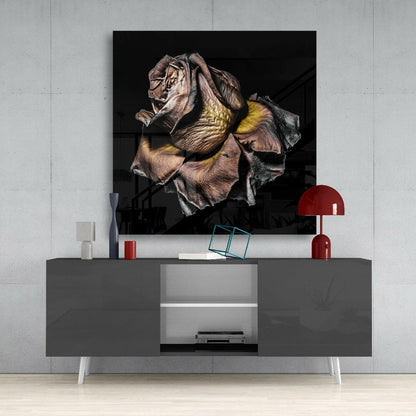 Dried rose glass wall art displayed above a gray console table, showing detailed brown and yellow petals against black background.
