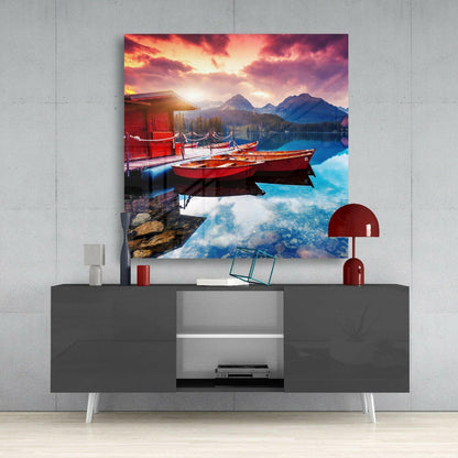 Red Boats Alpine Lake Fiery Sunset Glass Wall Art