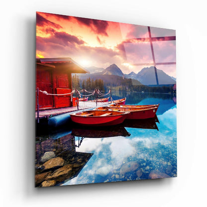Red Boats Alpine Lake Fiery Sunset Glass Wall Art