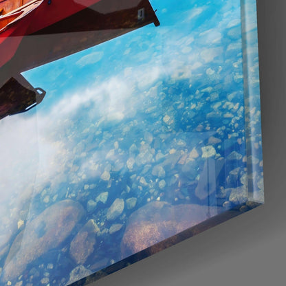 Red Boats Alpine Lake Fiery Sunset Glass Wall Art