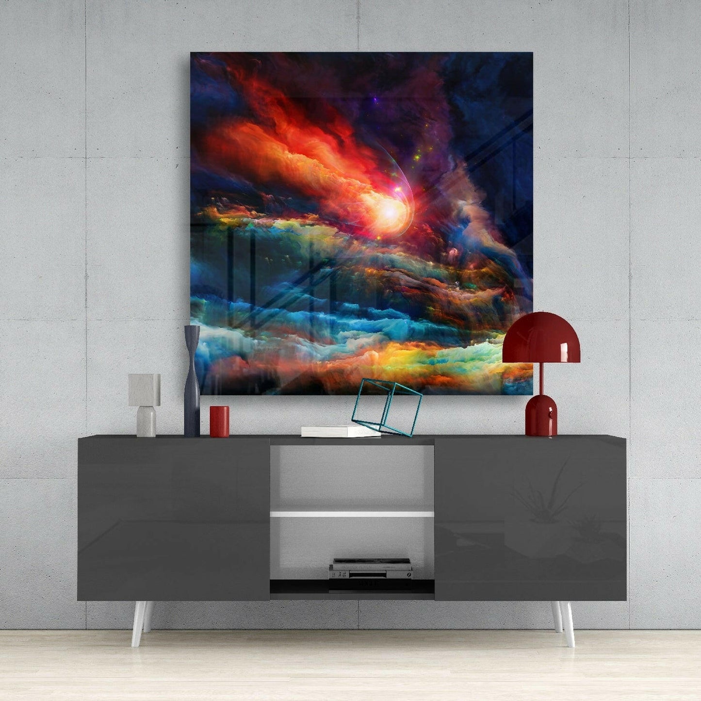 Crimson Star Burst Cosmic Clouds Glass Wall Art