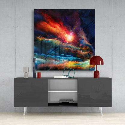 Crimson Star Burst Cosmic Clouds Glass Wall Art