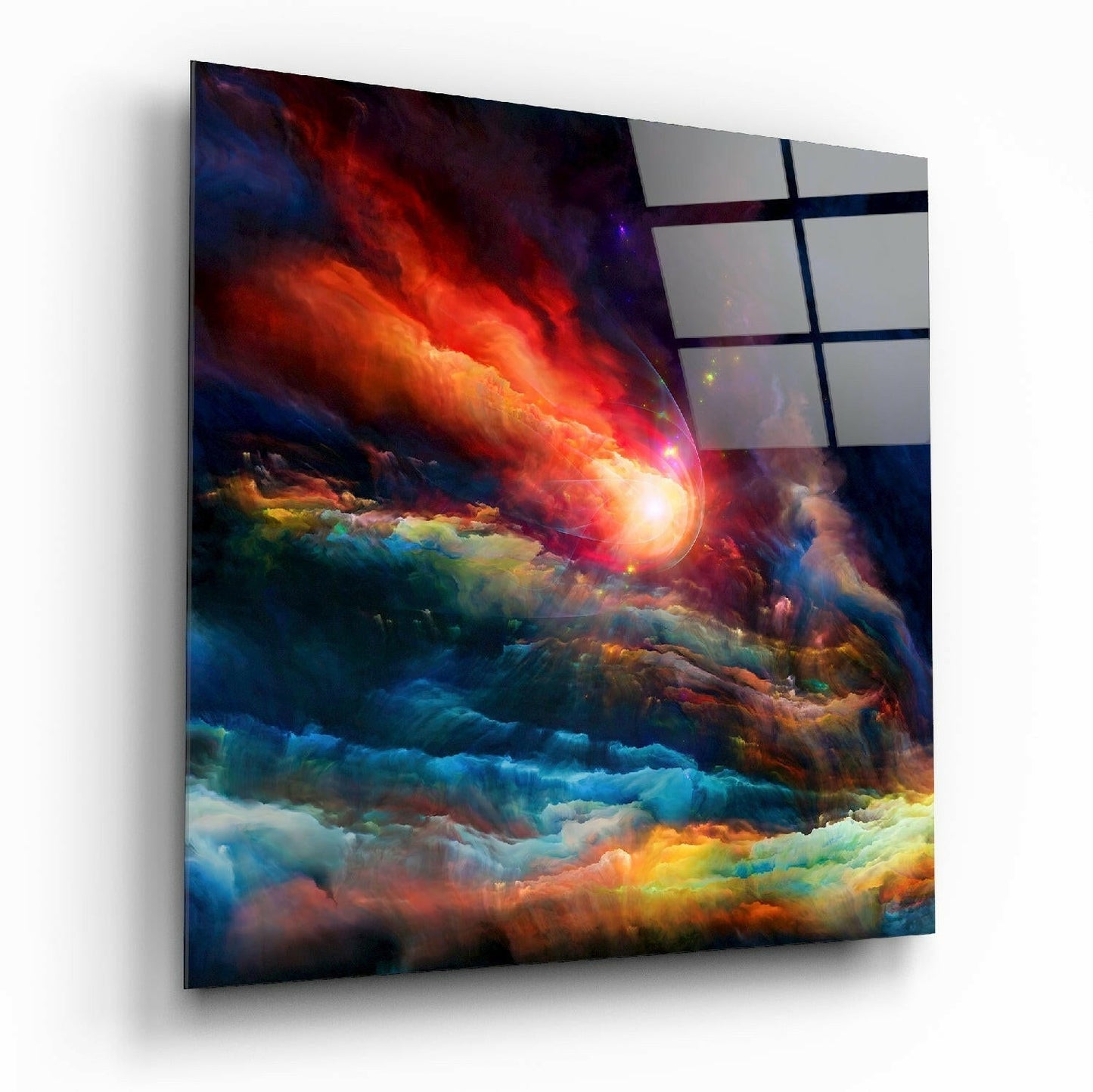 Crimson Star Burst Cosmic Clouds Glass Wall Art