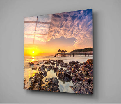 Wooden Pier Pavilion Rocky Sunrise Glass Wall Art