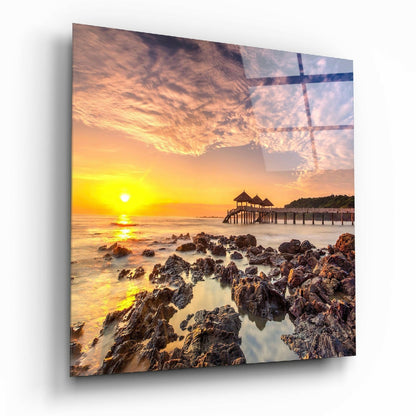 Wooden Pier Pavilion Rocky Sunrise Glass Wall Art