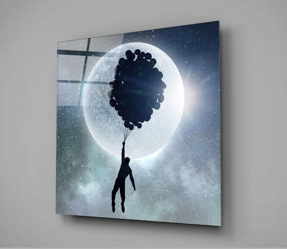 Man Flying With Balloon Cluster Moon Glass Wall Art