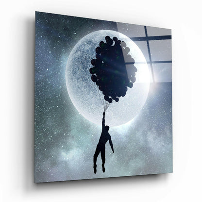 Man Flying With Balloon Cluster Moon Glass Wall Art