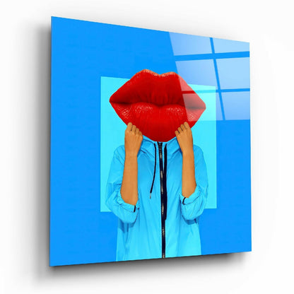 Giant Red Lips Blue Jacket Glass Wall Art
