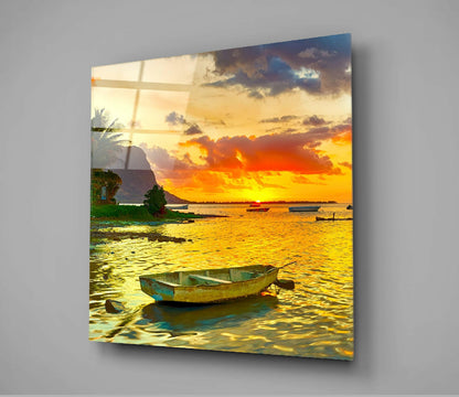 Tropical Palm Beach Sunset Glass Wall Art
