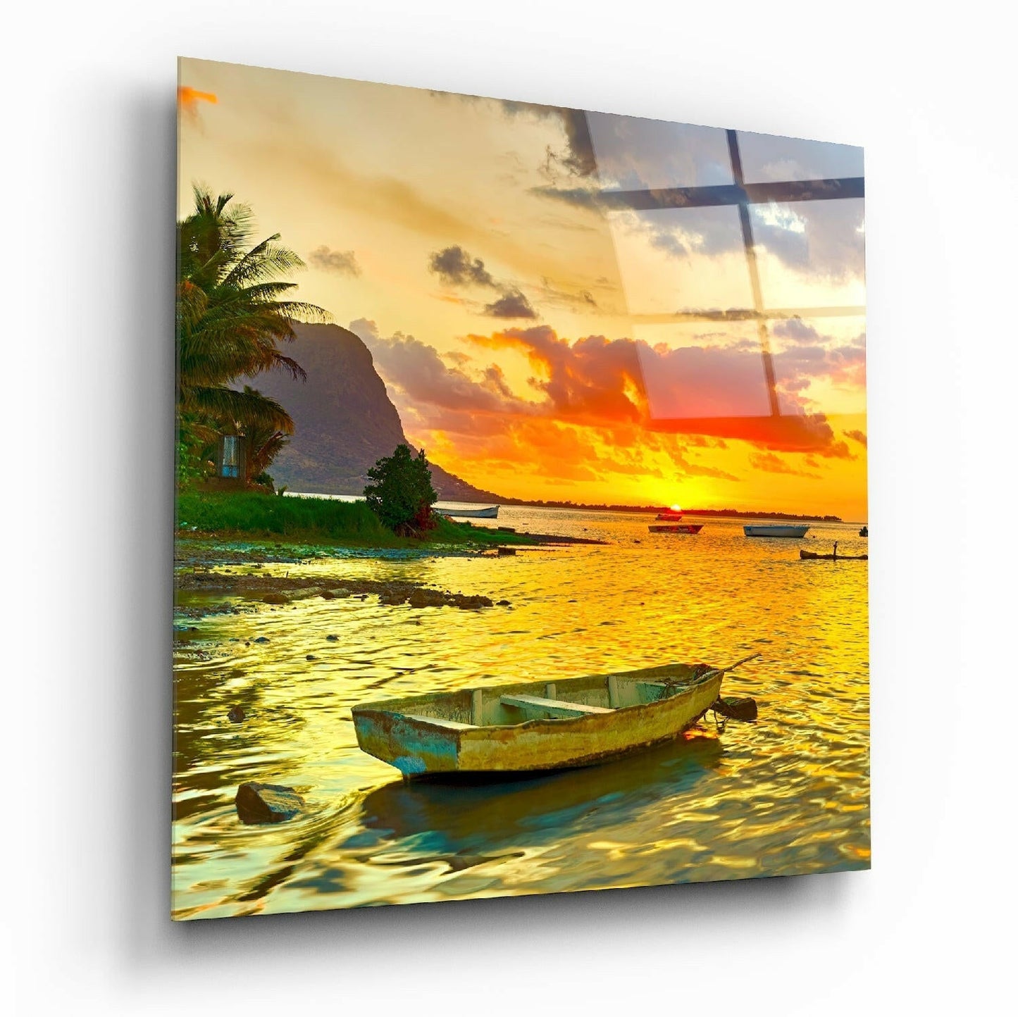 Tropical Palm Beach Sunset Glass Wall Art