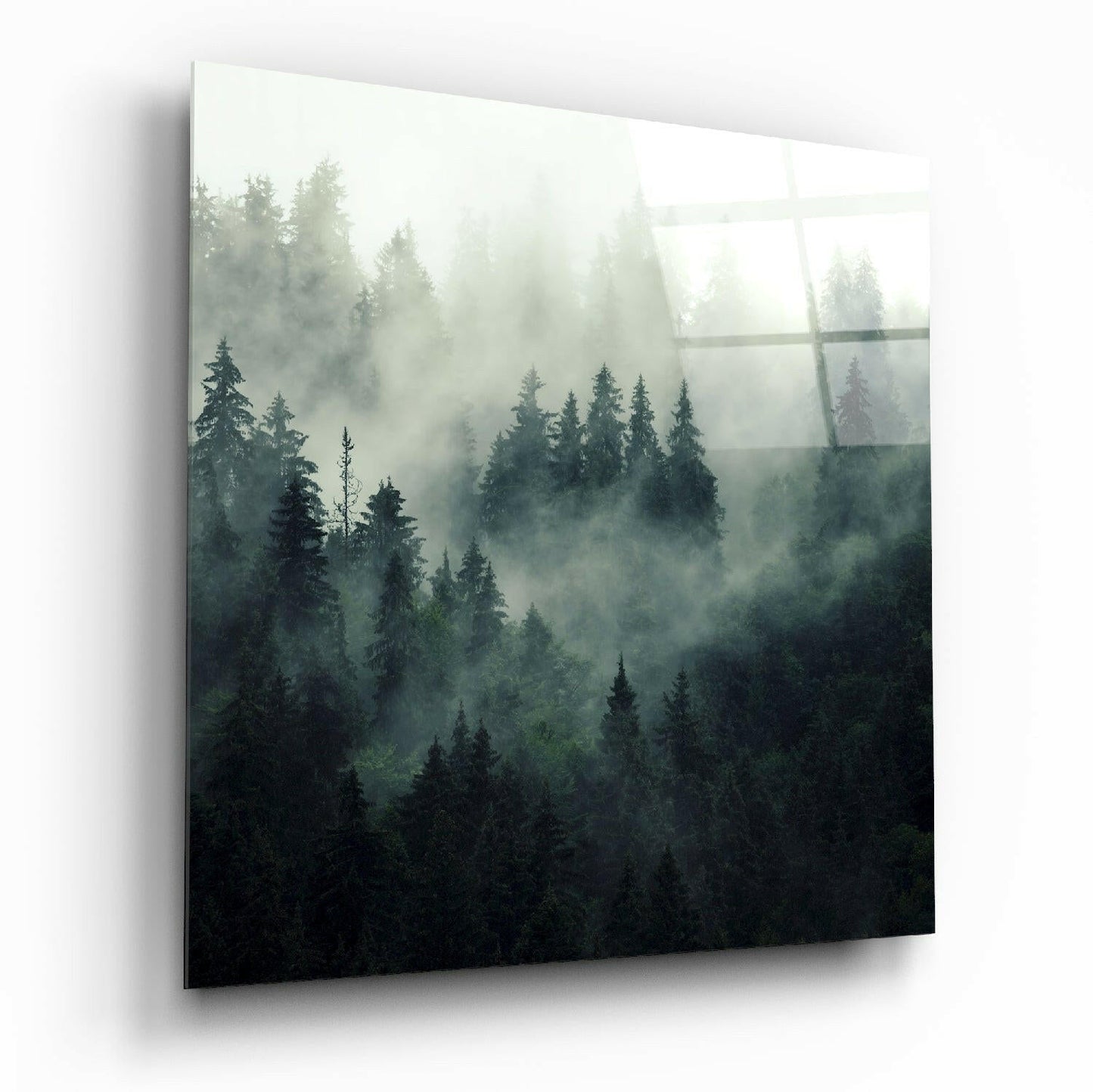 Square Deep Green Foggy Pine Slope Glass Wall Art