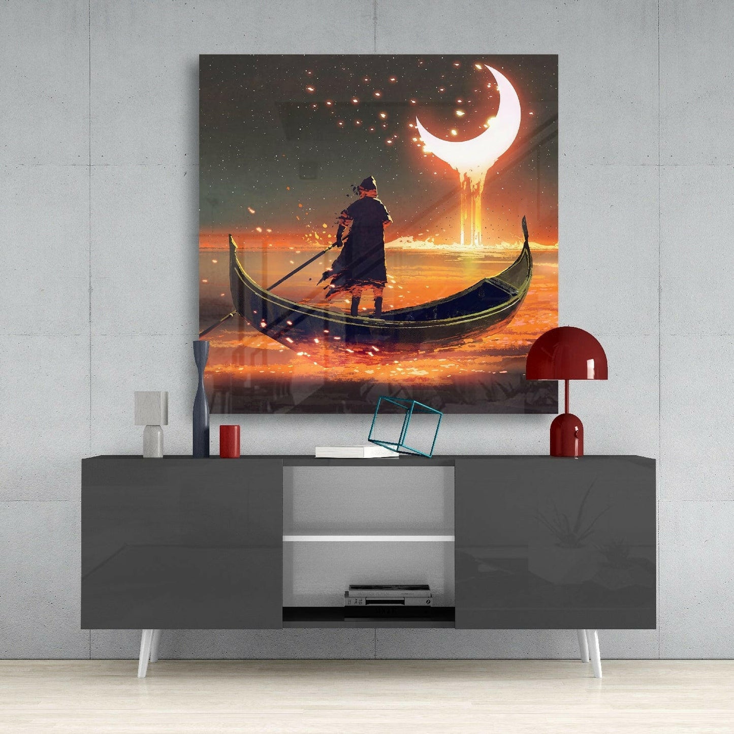 Dripping Crescent Moon Boatman Glass Wall Art