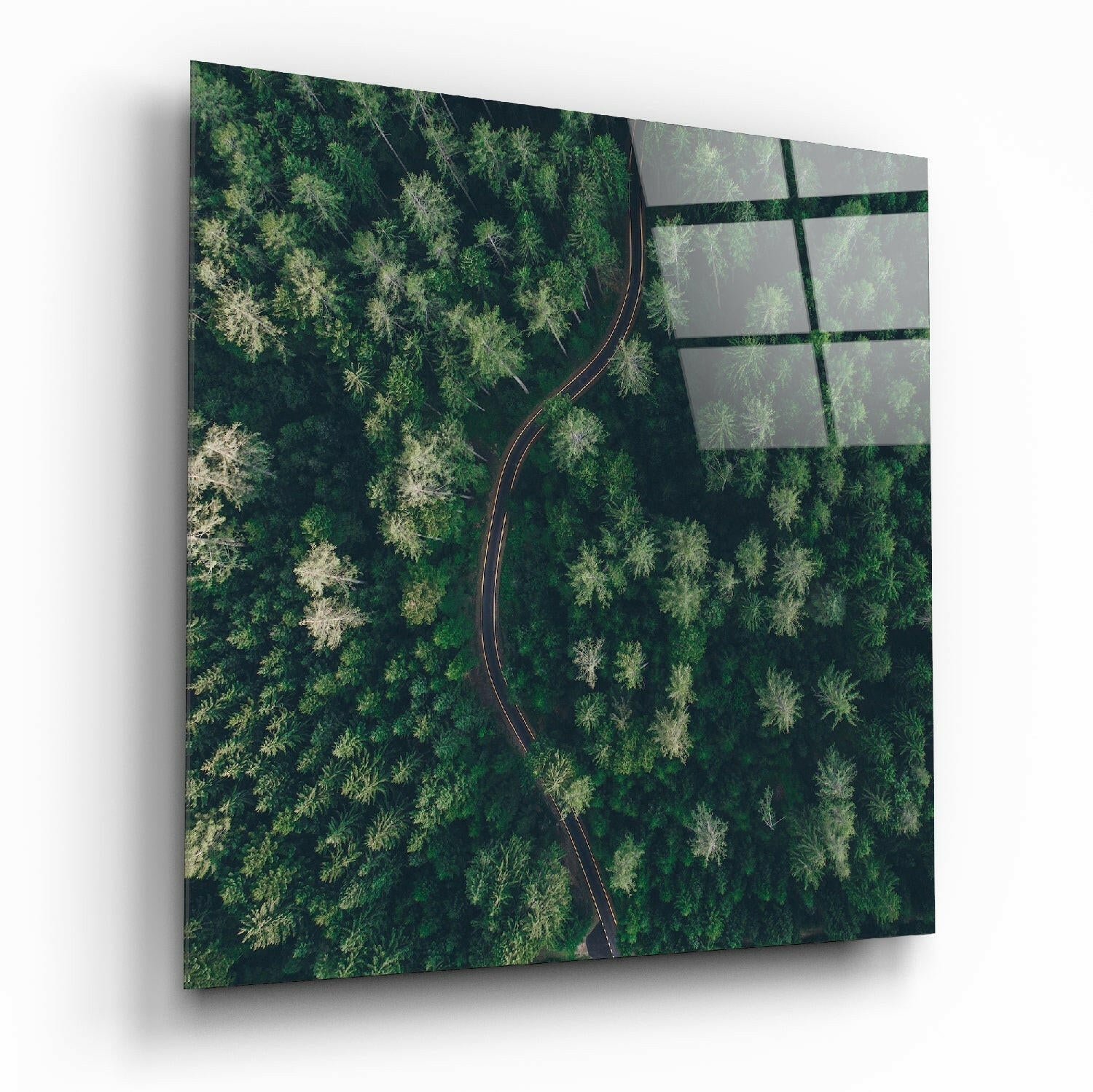 Aerial forest view with winding red road through dense green trees, displayed as glass wall art with grid pattern overlay.