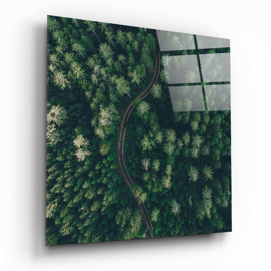 Aerial forest view with winding red road through dense green trees, displayed as glass wall art with grid pattern overlay.
