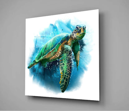 Green Sea Turtle Watercolor Splash Glass Wall Art