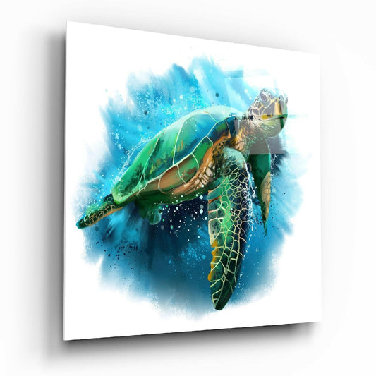A green sea turtle rendered in watercolor style swims rightward against a blue aquatic splash background on white glass wall art.