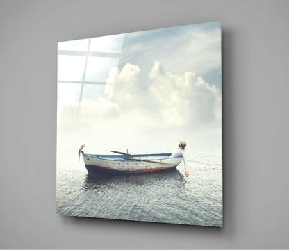 White Boat With Parrot Calm Sea Glass Wall Art