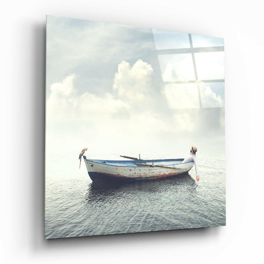 A weathered blue and white fishing boat floats in calm turquoise water beneath cloudy skies, displayed as glass wall art with window pane overlay.