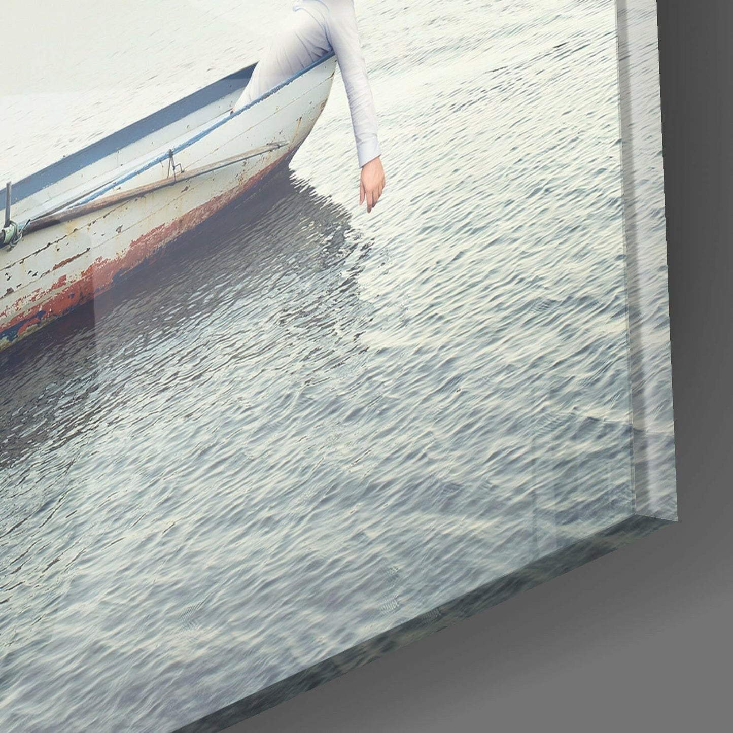 White Boat With Parrot Calm Sea Glass Wall Art