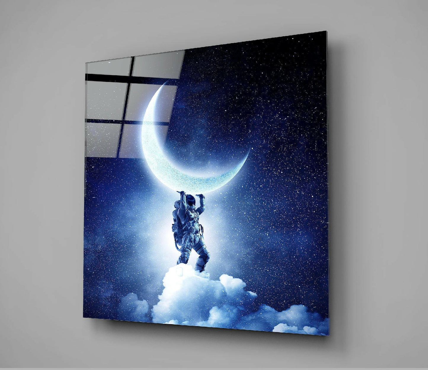 Astronaut Lifting Crescent Moon Glass Wall Art