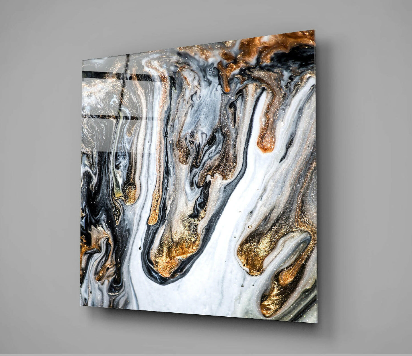 Black And Gold Dripping Marble Glass Wall Art