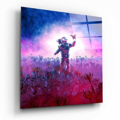 Astronaut Pink Nebula Butterfly Glass Wall Art