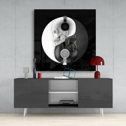 Yin Yang Skull DJ Headphones Glass Wall Art