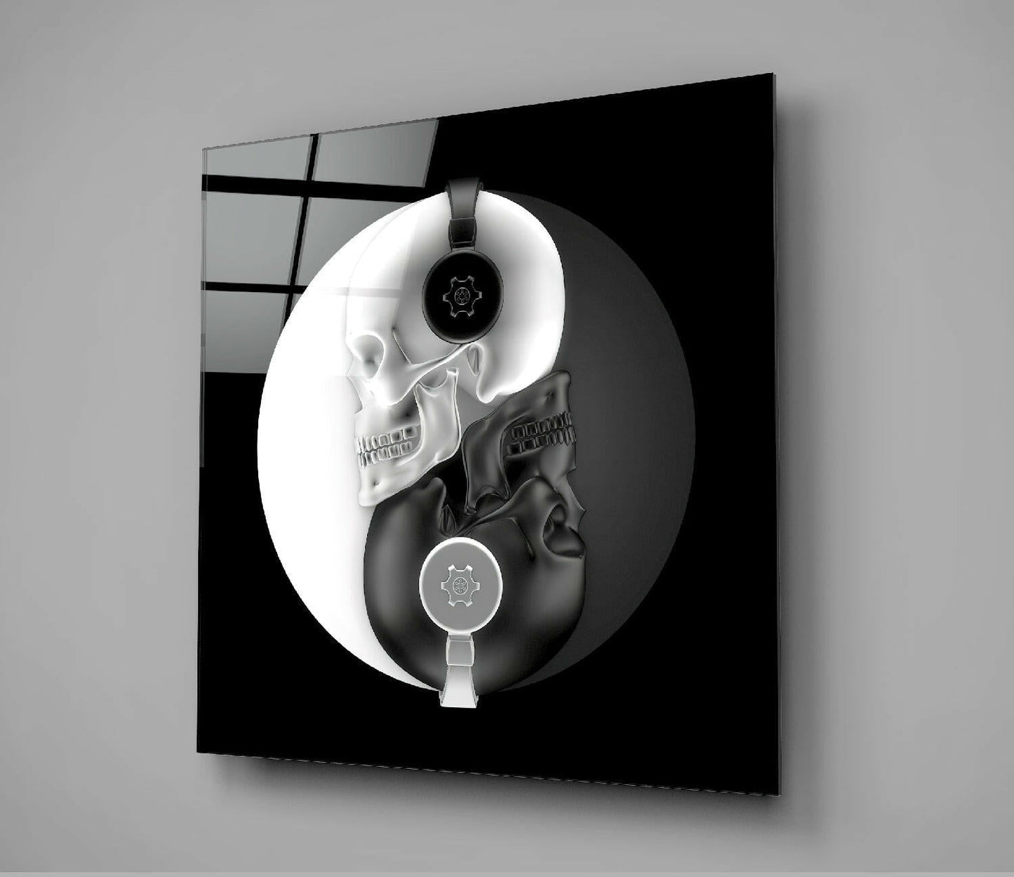 Yin Yang Skull DJ Headphones Glass Wall Art