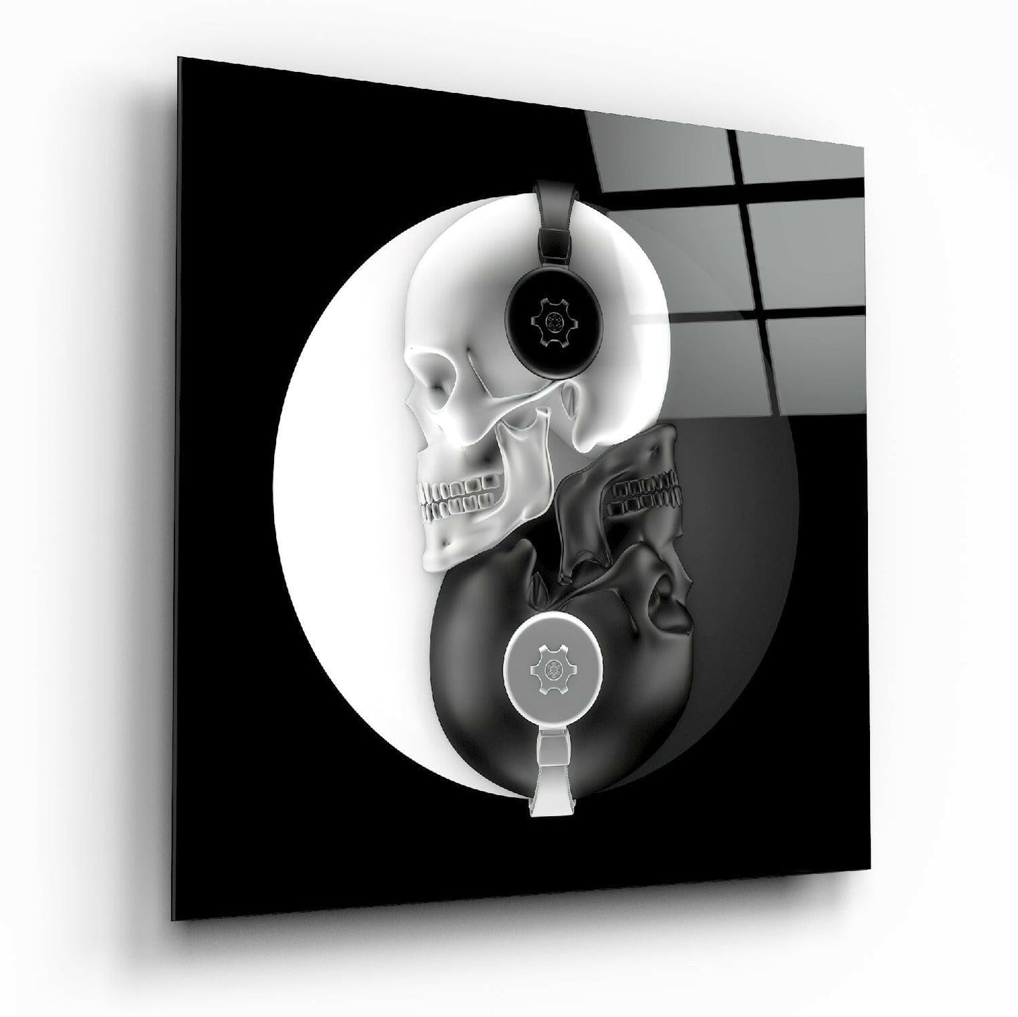 Yin Yang Skull DJ Headphones Glass Wall Art