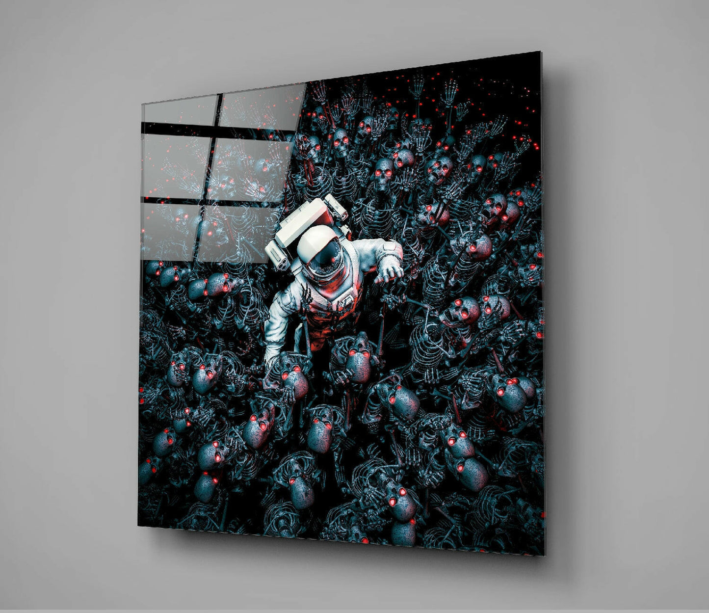 Astronaut Amid Red Eyed Skeletons Glass Wall Art