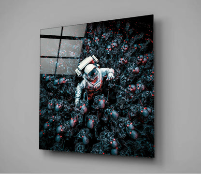 Astronaut Amid Red Eyed Skeletons Glass Wall Art