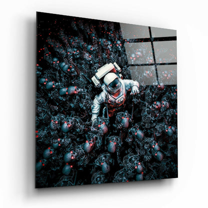Astronaut Amid Red Eyed Skeletons Glass Wall Art