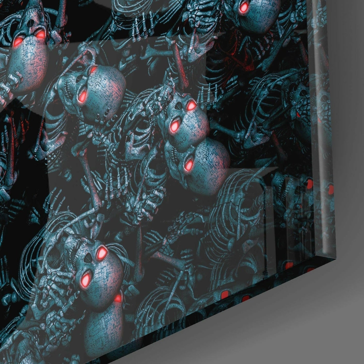 Astronaut Amid Red Eyed Skeletons Glass Wall Art
