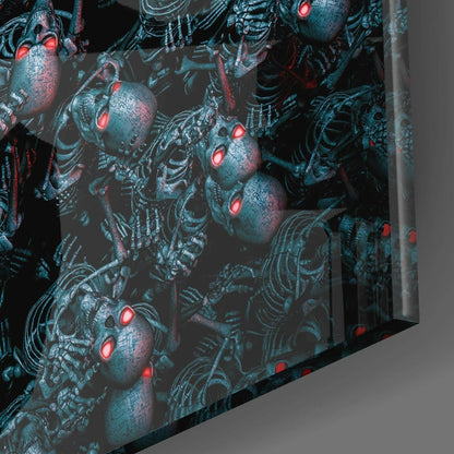 Astronaut Amid Red Eyed Skeletons Glass Wall Art
