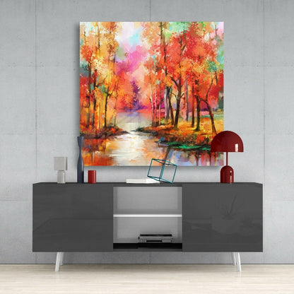 Autumn Forest Stream Painting Glass Wall Art