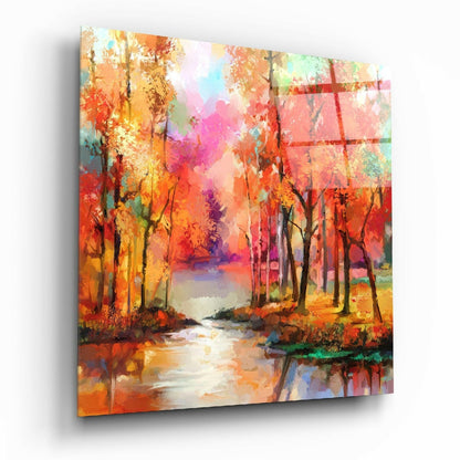 Autumn Forest Stream Painting Glass Wall Art