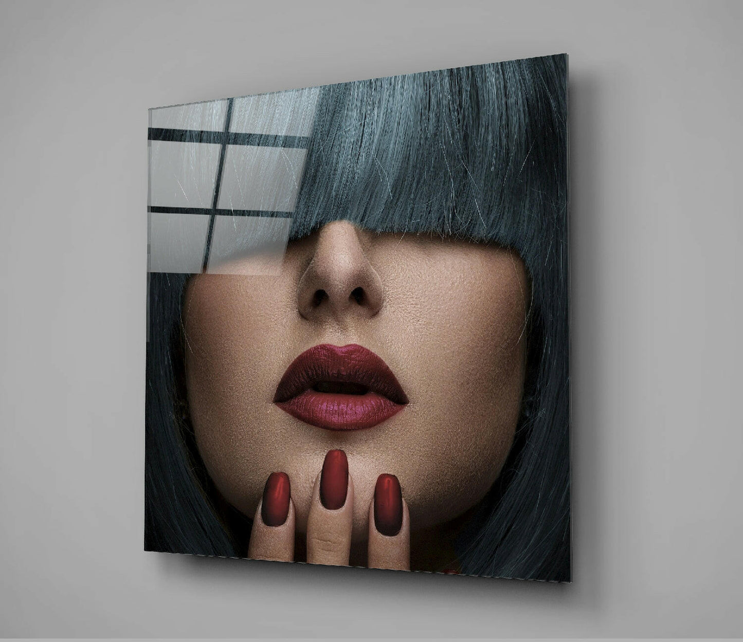 Blue Bangs Red Lips Fashion Glass Wall Art